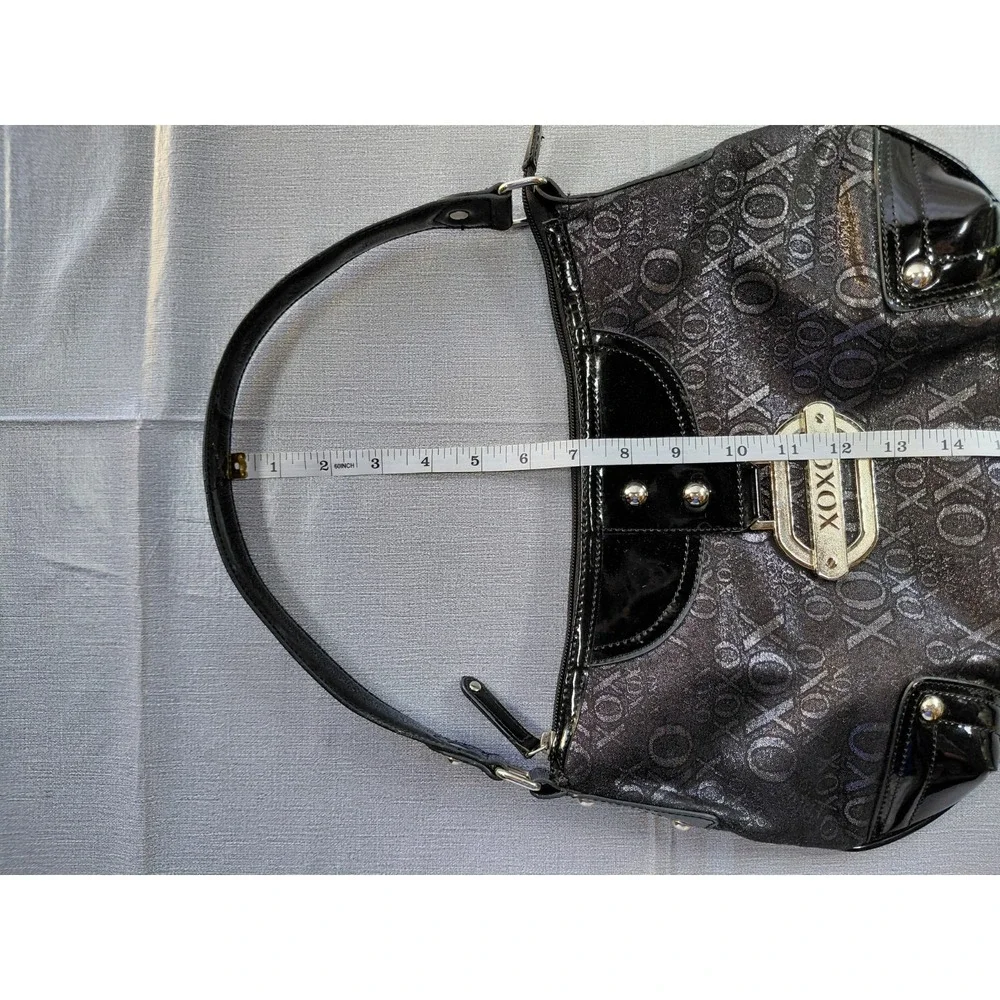 XOXO Hobo Shoulder Bag Black Silver Monogram Faux Patent Leather Biker Goth